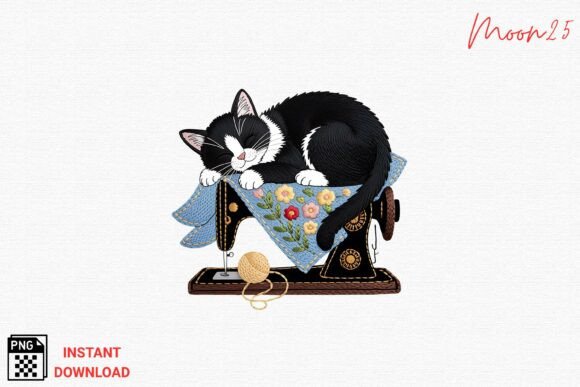 Cat Sewing Machine Embroidery Art PNG