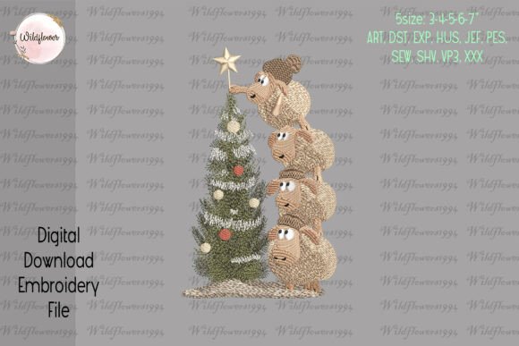 Christmas Sheeps Tree Embroidery Design