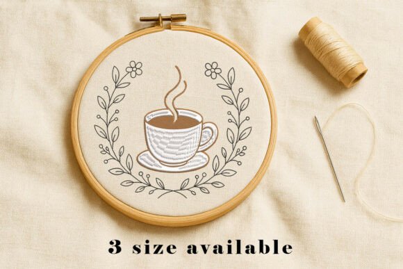 Coffee Cup Floral Embroidery Design